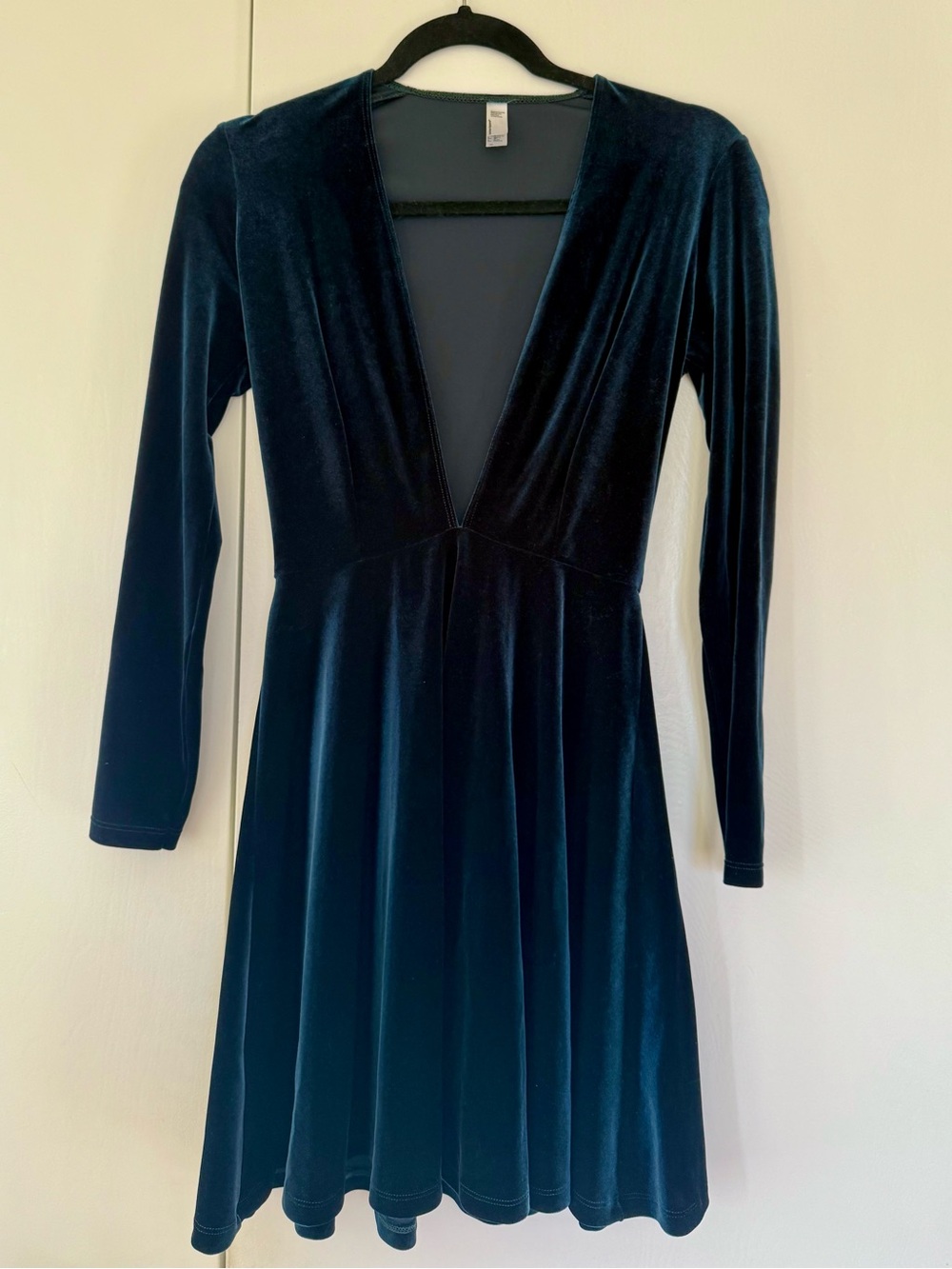 American Apparel Deep Teal Velvet Long-Sleeve V-Neck Dress